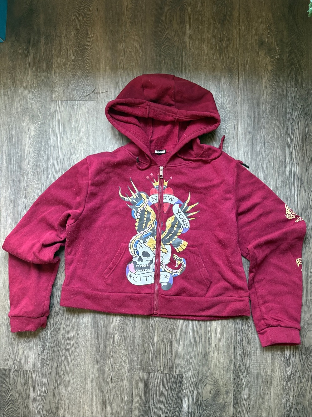 Ed Hardy Burgundy Skull & Wings Zip-Up Hoodie Size XL | Y2K Skate Style